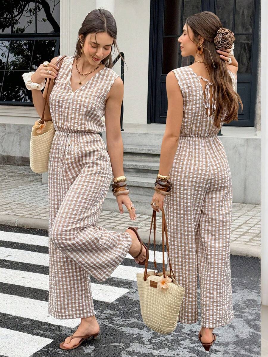 Serisse Bộ áo liền quần không tay cổ chữ V in họa tiết kẻ caro dành cho nữ