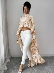Elenzga Latest Spring/Summer Fashion Floral Chiffon Ruffled Collar Shawl Elegant Blouse For Women - Multicolor - View 4