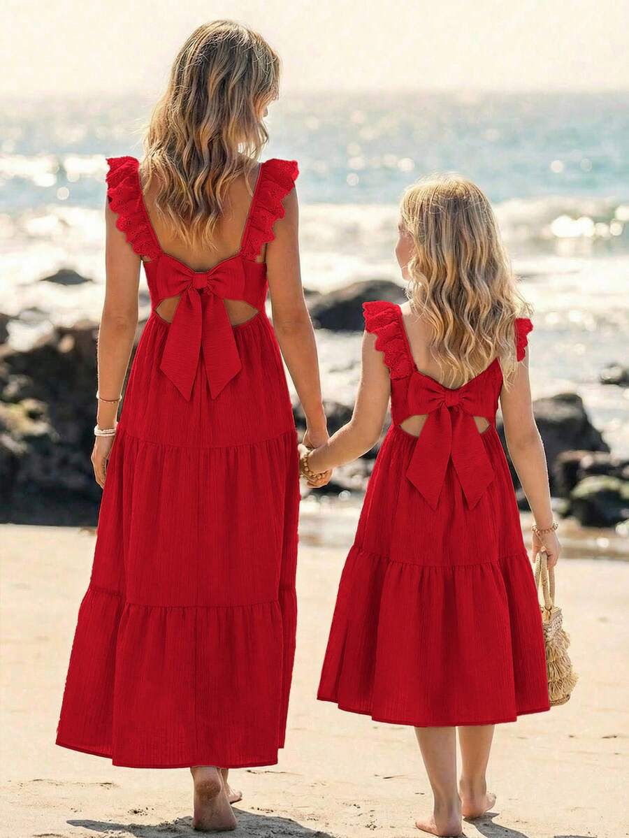 Emery Rose Kids Emery Rose Kids 少女平纹方领荷叶边休闲连衣裙 米色连衣裙 女童米色连衣裙 少女香槟色连衣裙 女童荷叶边连衣裙 - 紅色 - 查看 1