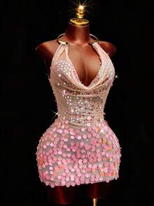 Soleia Metal Draped Neck Backless Bodycon Mini Dress For Women,Beige,Summer,Techno,Club Night,Rave,Bohemian,Vintage,No Bra Pads - Pink - View 9