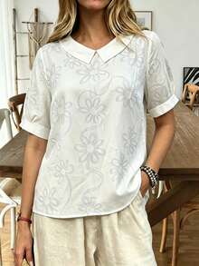 Nubod Blusa holgada de cuello redondo informal de talla grande, de tela con estampado floral 3D, adecuada para uso diario, ir al trabajo y vacaciones - Blanco - Ver 3