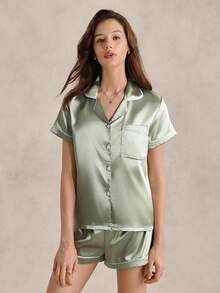 EverLounge Ensemble de pyjama avec lien de contraste en satin - Vert - Voir 4