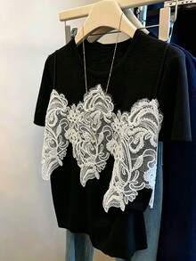 GlowEve Women's New Summer Lightweight Fabric Breathable Lace Splicing 2 In 1 T-Shirt,Casual - Black - View 1