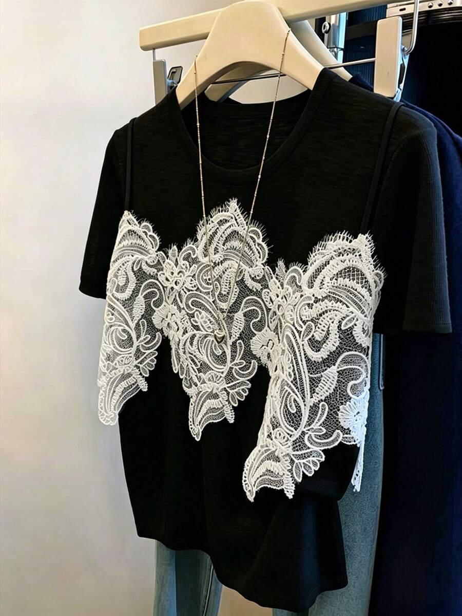 GlowEve Women's New Summer Lightweight Fabric Breathable Lace Splicing 2 In 1 T-Shirt,Casual - Black - View 1