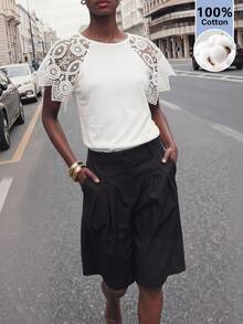 Maija Women's Summer Casual Elegant Solid Color Lace Splice Raglan Sleeve T-Shirt,White Top, Tea Party Wear,Going Out Outfits - White - View 6