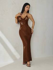 SHEIN PETITE Đầm ngắn ôm sát màu nâu/cà phê trơn dành cho nữ, chất liệu lưới móc họa tiết sao biển, thích hợp đi biển, đầm móc, đầm mùa hè, phong cách boho. - màu nâu - Xem 1