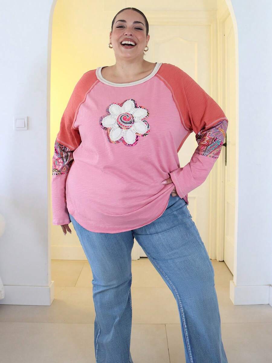 Pretty and Ole 加大码圆领插肩袖花卉图案宽松休闲百搭 T 恤 - 彩色 - 查看 1