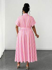 Maweii Plus Size Women Summer Bowknot Decor Pink & White Striped Dress - Hot Pink - View 2