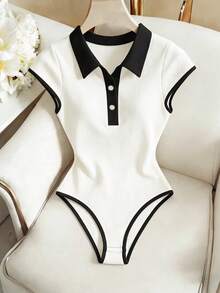 SHEIN Franclia 女士休闲日常通勤撞色滚边 Polo 领罗纹针织连体衣，夏季 - 黑與白 - 查看 4