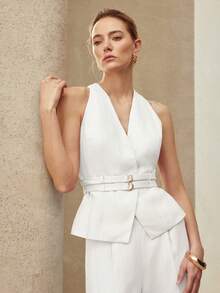 MOTF PREMIUM LINEN DOUBLE WAIST BELT HALTER BLAZER VEST, SPRING/SUMMER - White - View 6