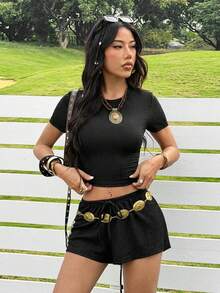 SHEIN EZwear 女士黑色针织休闲家居服套装 - 黑色 - 查看 5