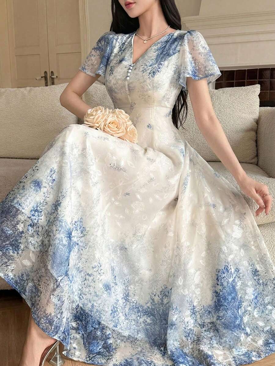 DAZY 女士优雅花瓣袖V领中长连衣裙,春夏款 - 藍色 - 查看 1