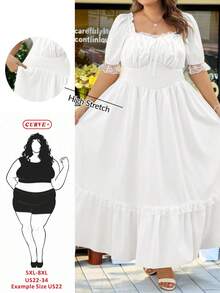 SHEIN CURVE+ Curve Size US22 Music Festival, Seaside Vacation, Bohemia Casual Women's All White Lace Pleated Victorian Retro Long Dress, Party Ball Autumn Fall - White - View 12