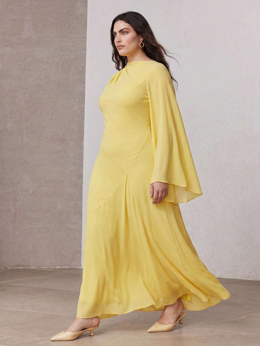 ZEYLAH Fitted Asymmetric Oversized Sleeve Long Dress, Spring Fall - Yellow - View 1