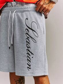 CRAVYNX Men's Dual Waistband Shorts, Versatile Casual Pants With Letter Print, Linen Gray - Grey - View 3