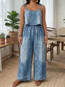 SHEIN Frenchy Mono de tela tejida con estampado de falso denim de talla grande, informal, sin mangas, con tirantes de espagueti, de largo completo, con detalle anudado, adecuado para verano, vacaciones y uso diario - Azul - Ver 4