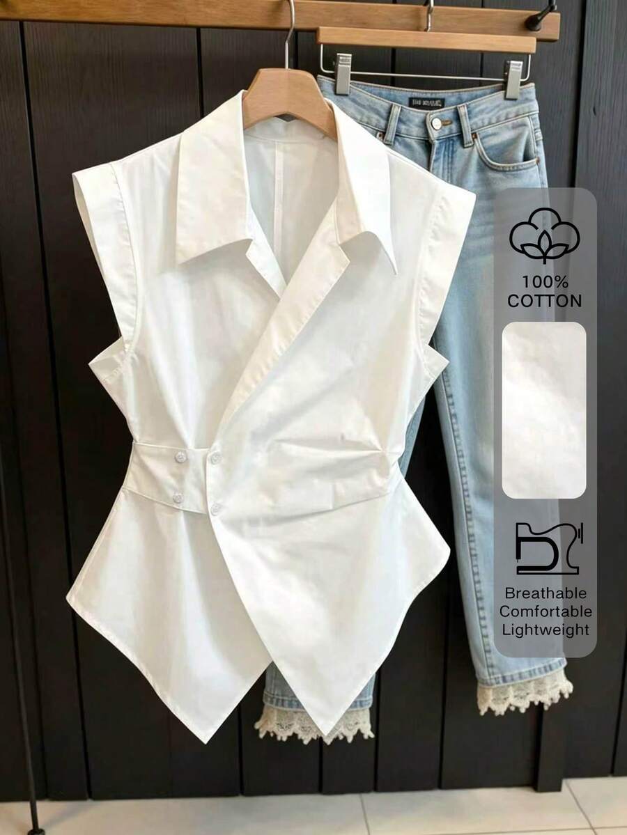 Franclia White Waist-Cinched Sleeveless Wrap Elegant Collared Shirt For Summer - White - View 1
