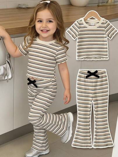 SHEIN Baby Girl Cute Casual Versatile Colorful Striped Knit Short Sleeve Top And Elastic Waist Pants Set, Summer