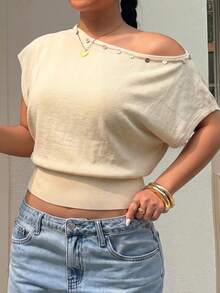 Muchica Maglietta casual in maglia oversize da donna con design a bottoni sulla spalla - Cachi - Visualizzare 4