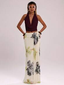 SHEIN BAE Women's Solid Color Plunging Draped Neck Halter Top,Summer Top - Maroon - View 6