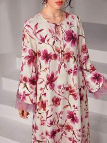 Yasmyna Round Neck Tie Dye Lace Patchwork Long Sleeve Loose Flowy Elegant Floral Print Dress For Women - Multicolor - View 7