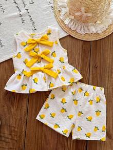 SHEIN 2件套女婴幼儿/新生儿0-3岁休闲日常可爱度假条纹蝴蝶结装饰吊带背心+短裤套装，春夏款 - 黃色 - 查看 6