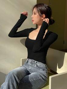DAZY Women's Swan Neck Long Sleeve T-Shirt,Fall Clothes Going Out Tops - Black - View 4