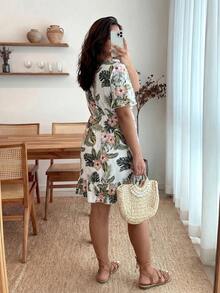 Enliva Váy buộc dây phía trước họa tiết cây và hoa cỡ lớn dành cho nữ, phù hợp cho mùa hè - trắng - Xem 2