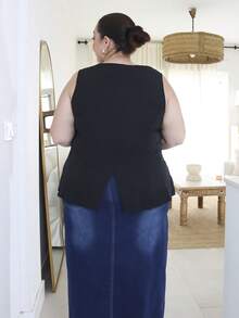 Pretty and Ole Giacca da donna taglie forti con collo rotondo, maniche, stile semplice da ufficio, con finiture in metallo, camicie da insegnante, outfit da donna insegnante nero estivo - nero - Visualizzare 3