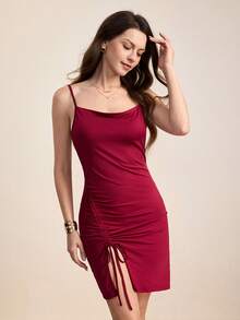 Hourtrue Women's Solid Color Drawstring Neck Slip Sexy Nightgown - Burgundy - View 5