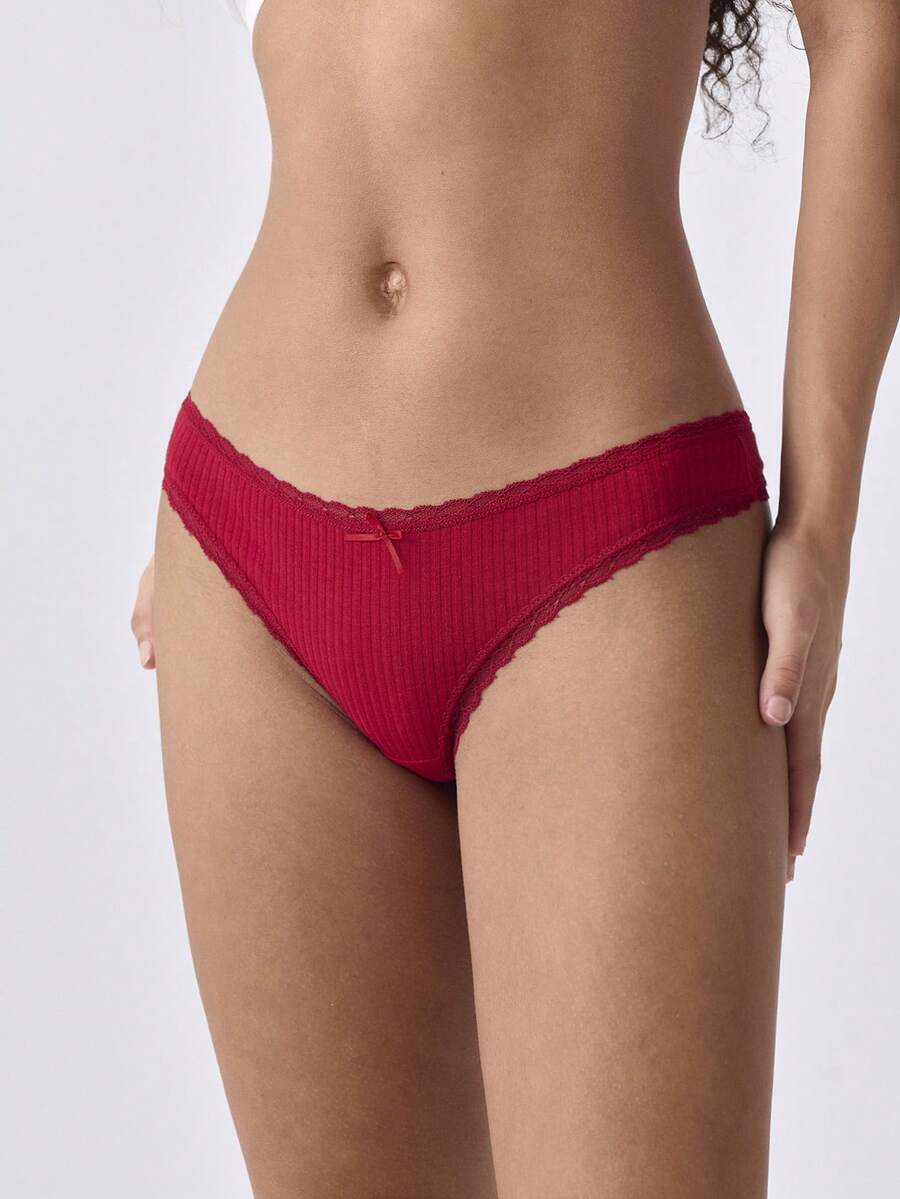 Loungeista 3pcs Cotton Lace Patchwork Thong Panties With Cute Bow, Seamless Stretchy Breathable Women's Underwear