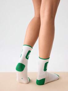 Loungeista Letter Graphic Crew Socks - Green - View 2