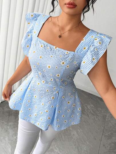 Elenzga Plus Size Sweet Light Blue Plaid Daisy Collar Ruffle Waist Blouse, Women Casual Summer Beach Holiday Top, Plus Size Plaid Summer Collar Ruffle Waist Ruffle Hem Blouse, Bridal Shower Beach Holiday Outfit