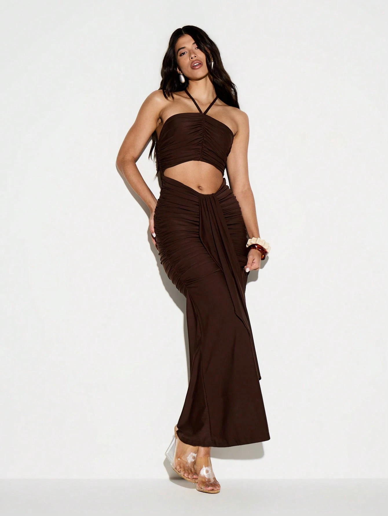 Halter Neck Ruched Maxi Dress