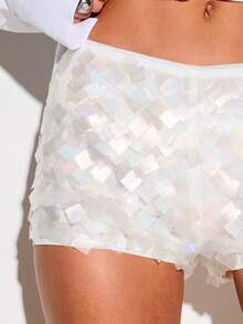 KIZN Quần short ngắn lấp lánh đính sequin hình vuông, cạp cao, thích hợp cho các bữa tiệc, lễ hội, câu lạc bộ. - trắng - Xem 5