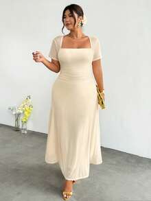 Firerie Gaun Bodycon Wanita Ukuran Plus Elegan Warna Beige untuk Musim Panas, Rajutan Bertekstur, Model A-Line dengan Leher Halter, Jala Jacquard Warna Polos, Cocok untuk Pernikahan, Wisuda - Aprikot - View 3
