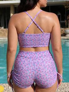 SHEIN Swim 加大码女式两件套随机彩色线条印花2026新款时尚度假休闲无袖上衣和高腰三角比基尼套装 - 彩色 - 查看 2