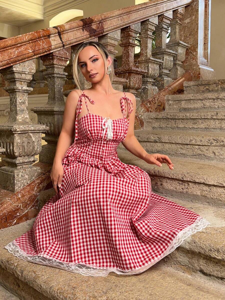 Jeta Ari Red & White Plaid Romantic Cute Countryside Style Midi Dress,Beach Dress,Vacation, Valentine's Day Dress, Garden Party Dress Elegant Summer - Red and White - View 1