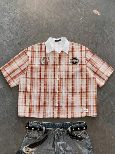 Manfinity ZONE917 Boxy Short Loose Distressed Washed Rust Pink Floral English Letter Full Print Short Sleeve Shirt