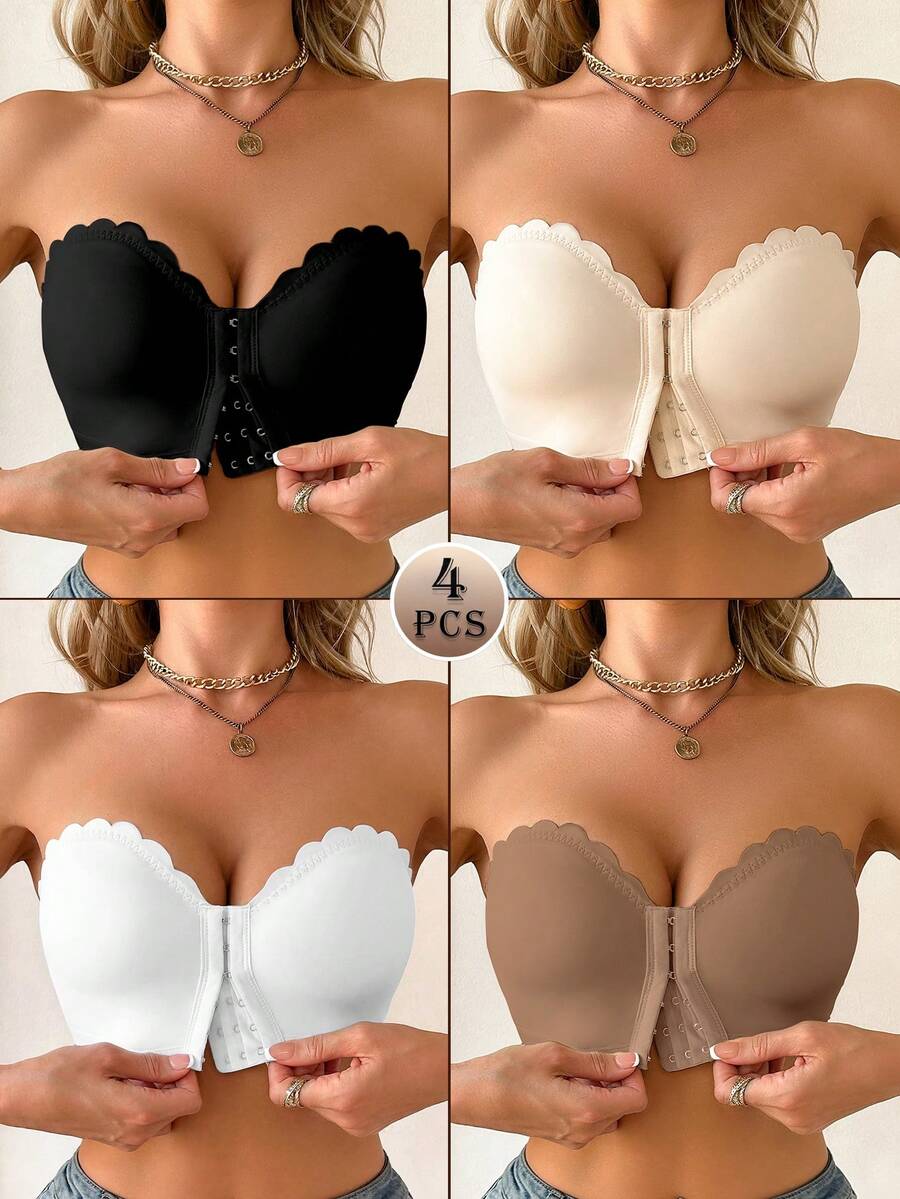 SHEIN Set de 4 sujetadores de mujer con cierre delantero, con volantes y acolchados, de estilo push-up y de colores variados - Multicolor - Ver 1