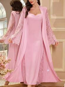 SHEIN Sexy High Slit Robe & Elegant Robe 2-Piece Sleepwear Set For Women, Autumn/Winter - Pink - View 3