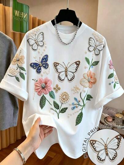 Elenzga Women's Round Neck Short Sleeve Fitted Floral Print T-Shirt, Suitable For Vacation, Casual, Romantic, Commute, Beach, Daily Wear