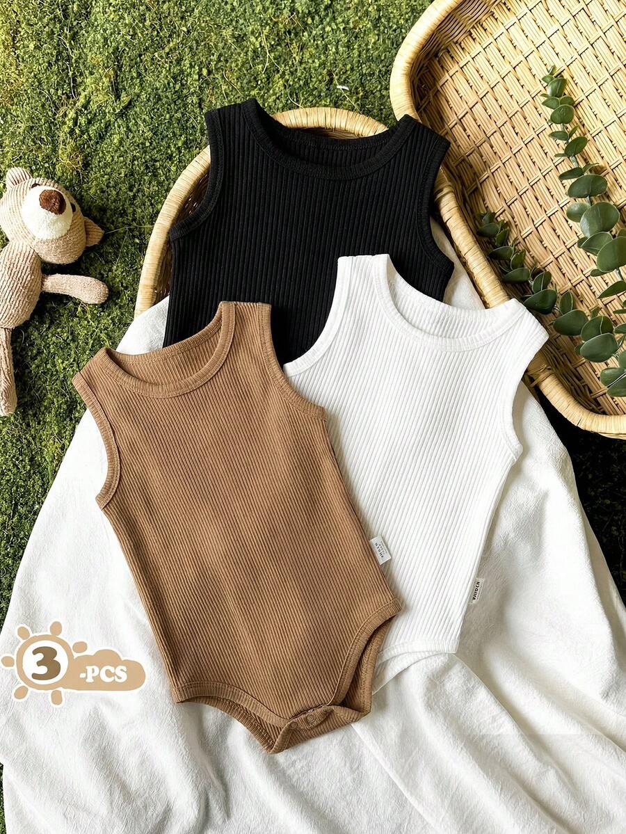 SHEIN Vintaside Kids 3件組嬰兒夏季休閒套裝 背心連身衣 柔軟棉質面料 棕色系 白色 黑色 混色灰 基礎款 親子穿搭 - 彩色 - 查看 1