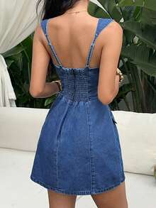 SHEIN Đầm denim nữ không tay, thắt eo, kiểu dáng thường ngày, thích hợp cho mùa hè. - Màu xanh lam - Xem 2