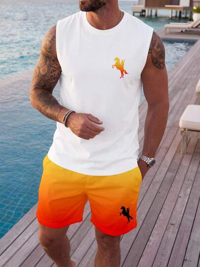 Solurane Island Vacation Style Palm Tree Sunset Ombre Casual Print Men's Standard Fit Tank Top Set