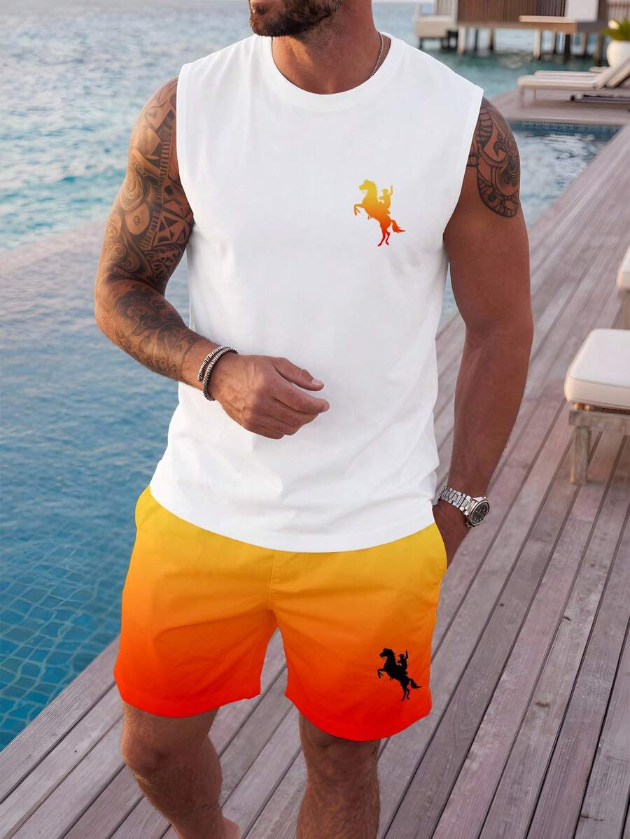 Solurane Island Vacation Style Palm Tree Sunset Ombre Casual Print Men's Standard Fit Tank Top Set - White - View 1