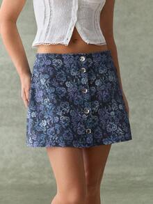 WESTFADE Chân váy denim ngắn dáng chữ A in hoa, cài cúc phía trước, kiểu phương Tây. - Rửa trung bình - Xem 4
