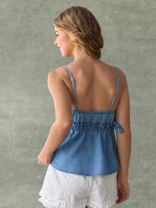 WESTFADE Áo babydoll denim cổ chữ V thắt nơ bên hông - Rửa nhẹ - Xem 2