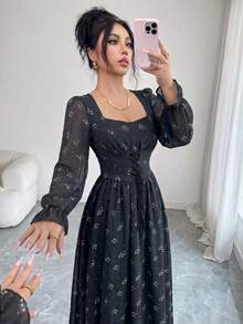 Modelyn Gaun Midi Wanita Desain Prancis dengan Leher Bentuk Hati dan Ikat Pinggang serta Lengan Lentera - Grey - View 6