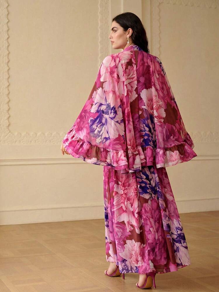ZEYLAH Vestido maxi de 2 piezas con estampado floral y volantes románticos, para primavera/verano - Rosa Fucsia - Añade 5